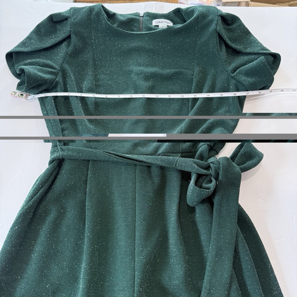 Calvin Klein Green Glitter Tulip Sleeve Belt Stretch Crop Jumpsuit Pockets 10 - Picture 8 of 11